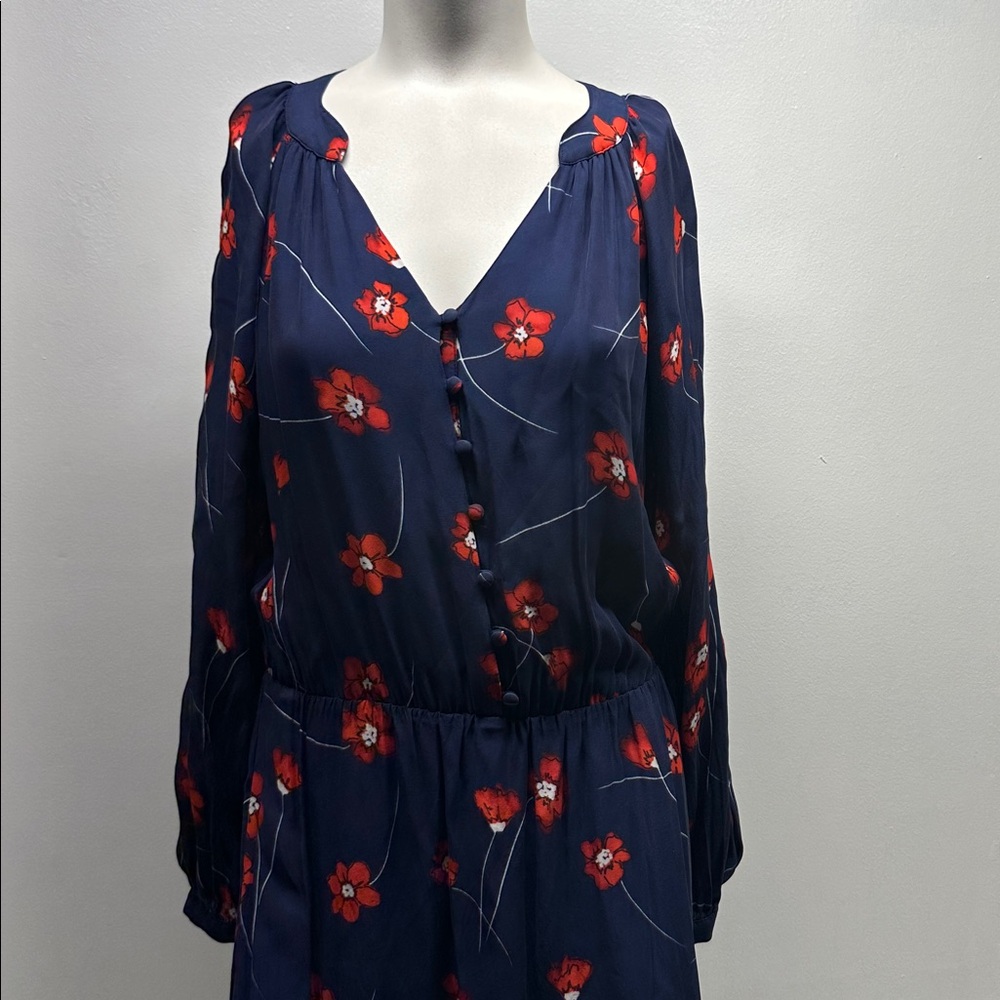 Parker Verity Maxi Dress Silk Button Front High Low Hem Floral Navy Blue Medium - Picture 3 of 12